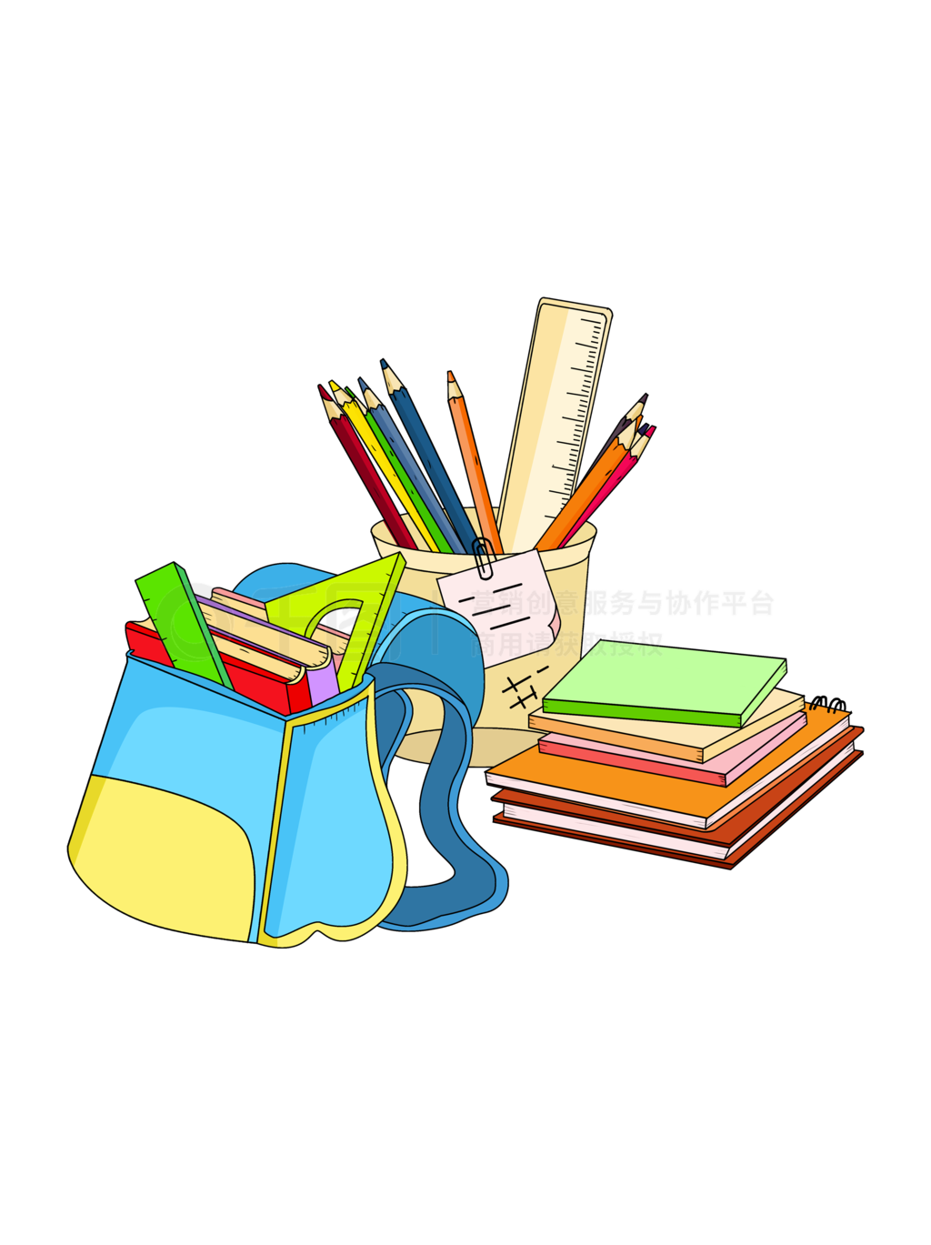 開學季卡通插畫孟菲斯辦公學習學生文具用品